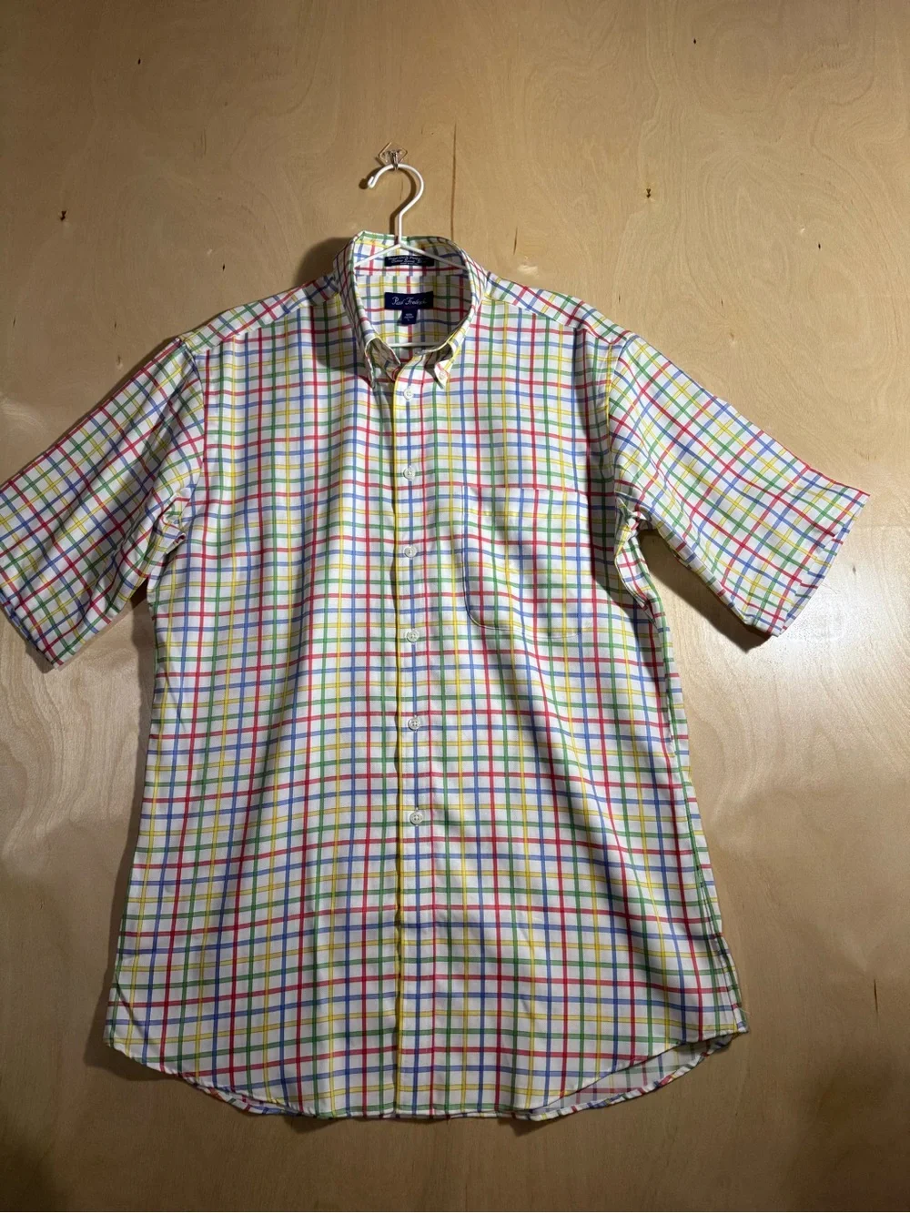 Paul Fredrick Men's 100% Cotton Short-Sleeve Multicolor Windowpane Check Shirt L
